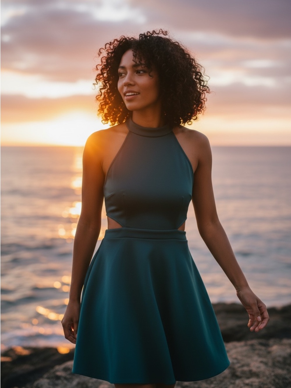 Altar'd State Teal Asymmetrical Cutout Halter Dress - Picture 4 of 4